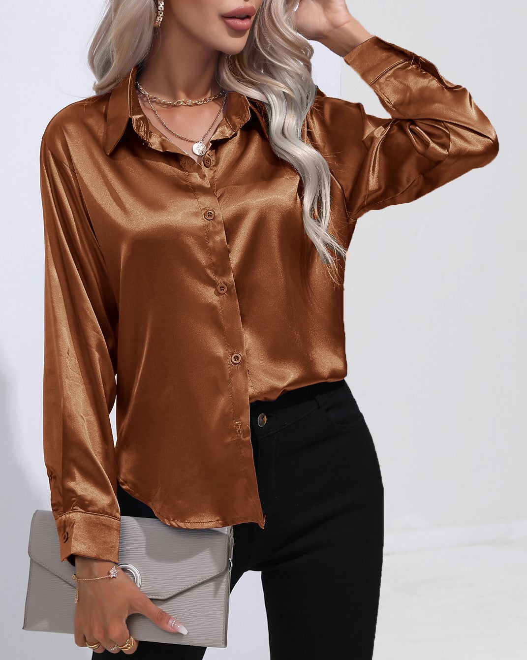 Glossy Satin Curved Hem Button Down Shirt - Darkbrown
