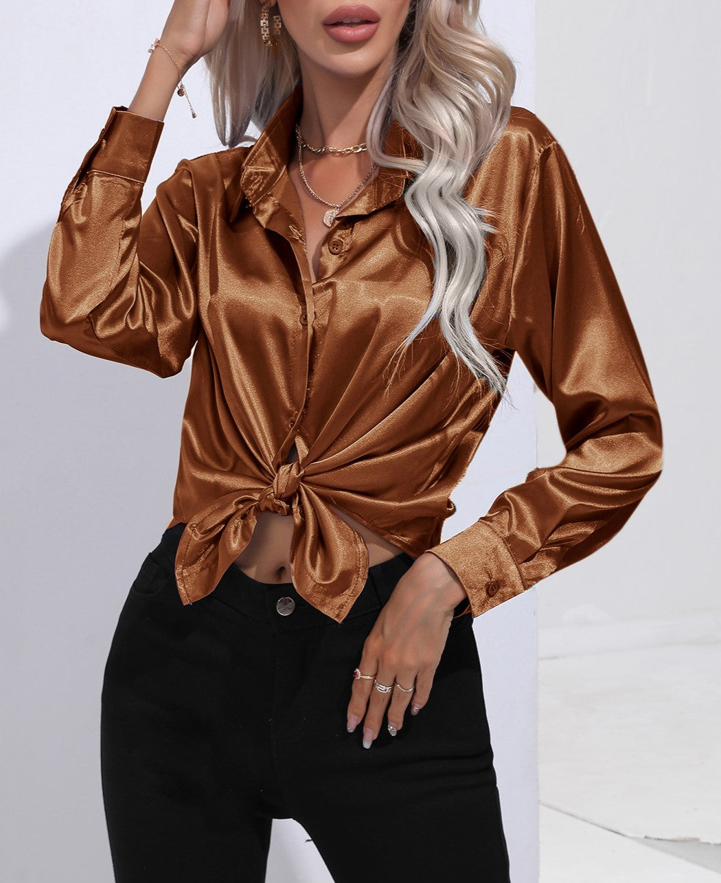 Glossy Satin Curved Hem Button Down Shirt - Darkbrown - 1