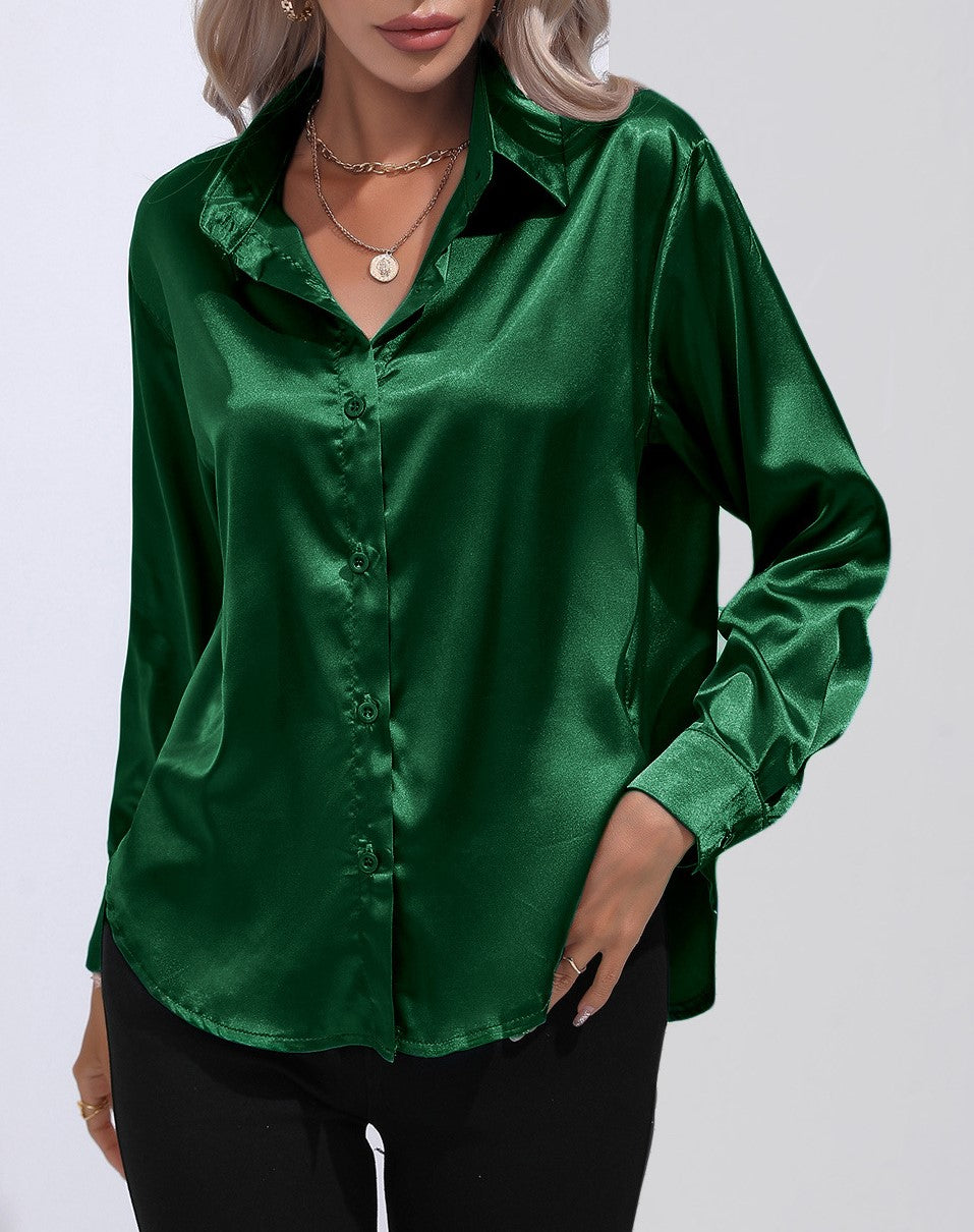 Glossy Satin Curved Hem Button Down Shirt - Darkgreen