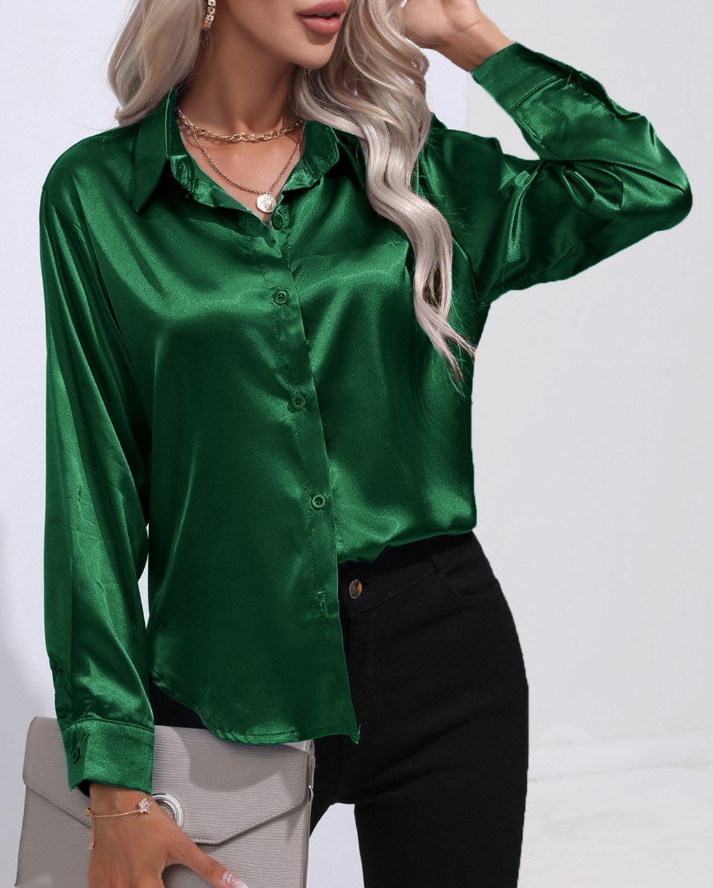 Glossy Satin Curved Hem Button Down Shirt - Darkgreen - 1