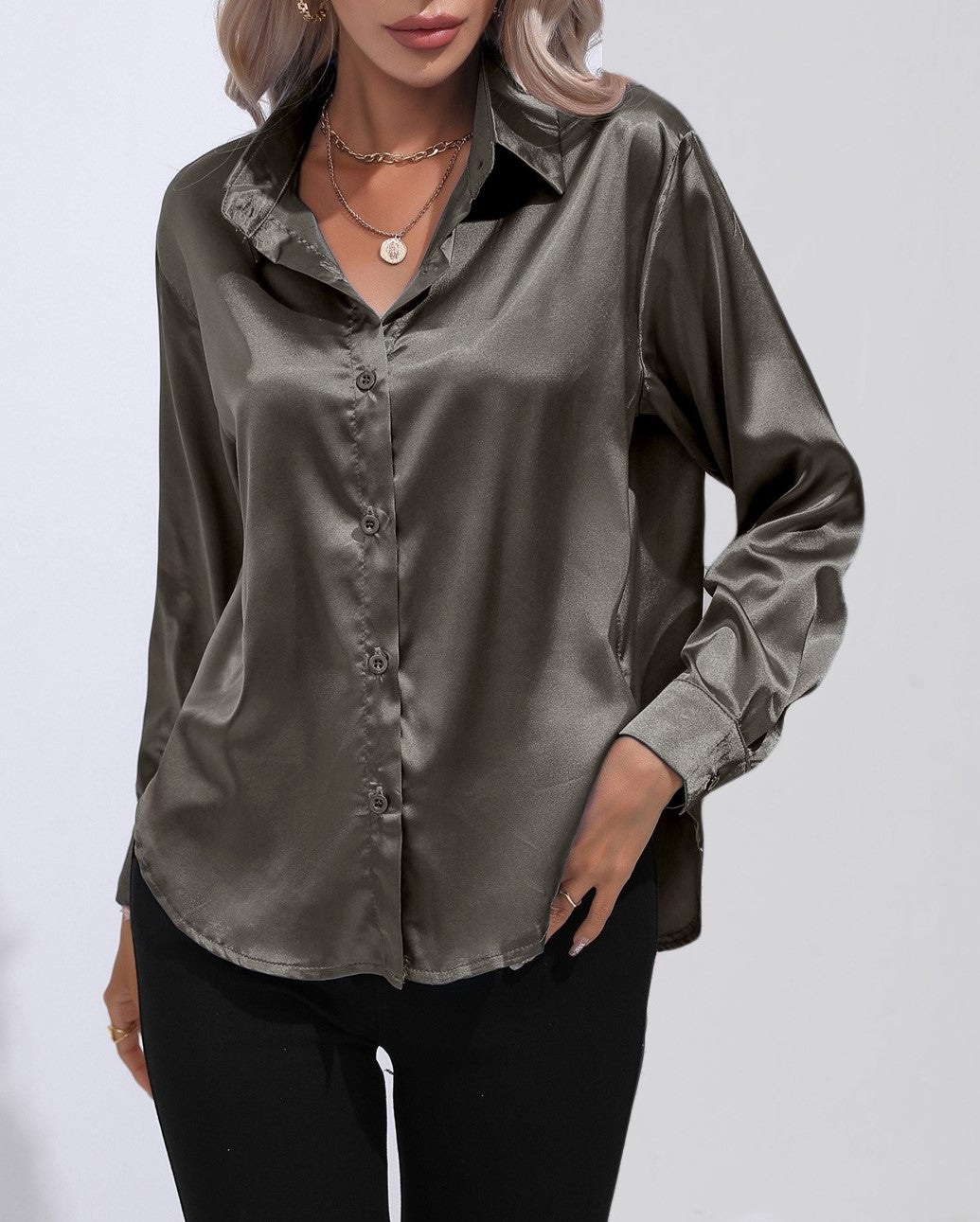 Glossy Satin Curved Hem Button Down Shirt - Darkgrey