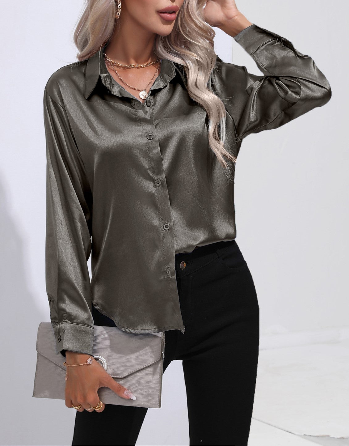 Glossy Satin Curved Hem Button Down Shirt - Darkgrey - 1