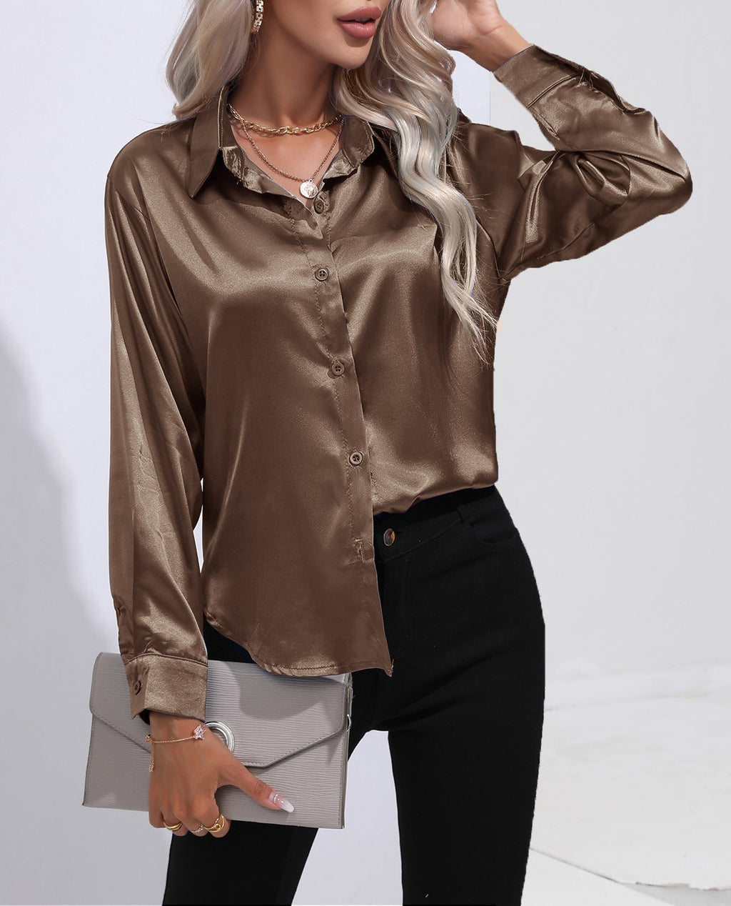 Glossy Satin Curved Hem Button Down Shirt - Darkkhaki - 1
