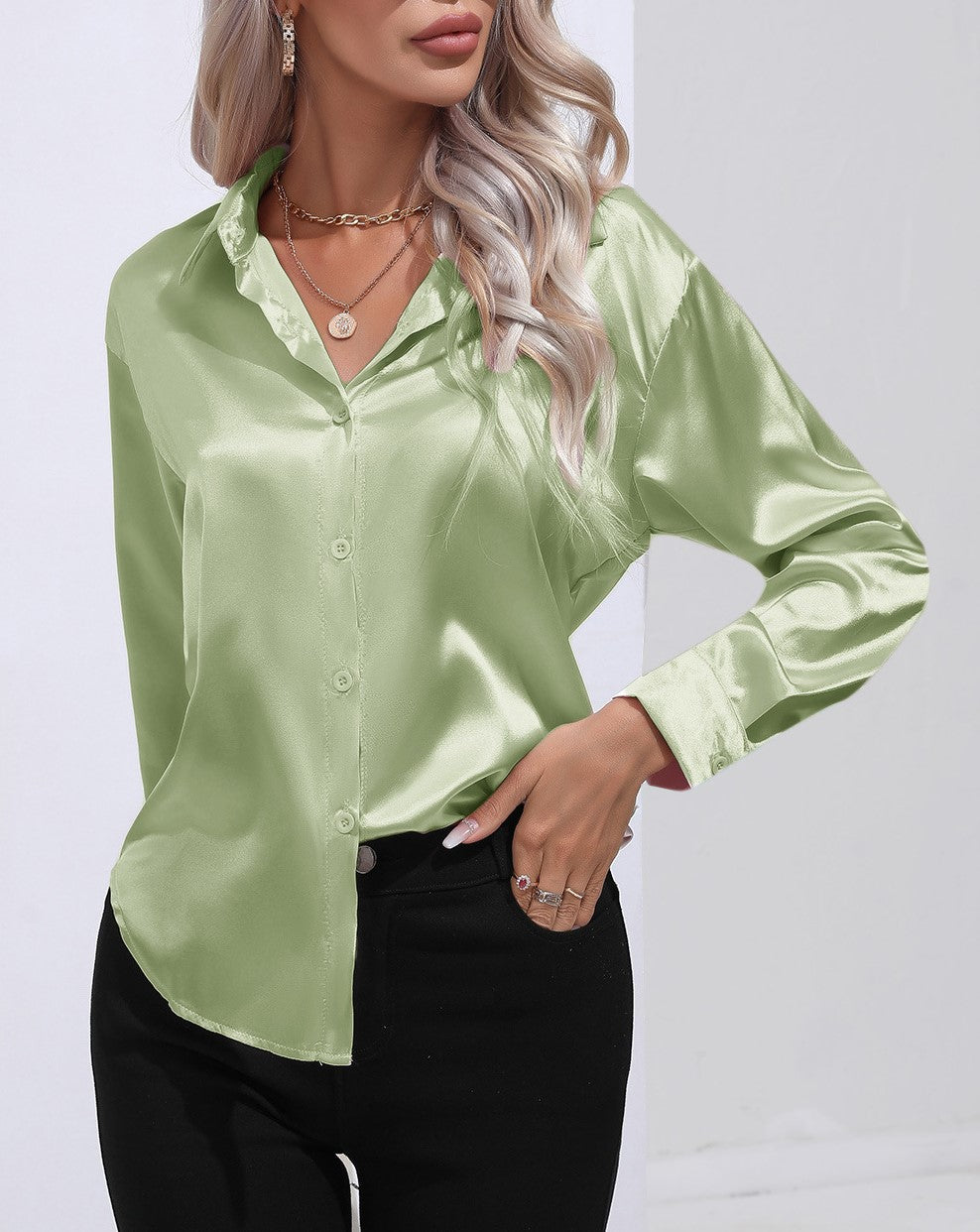 Glossy Satin Curved Hem Button Down Shirt - Green - 1