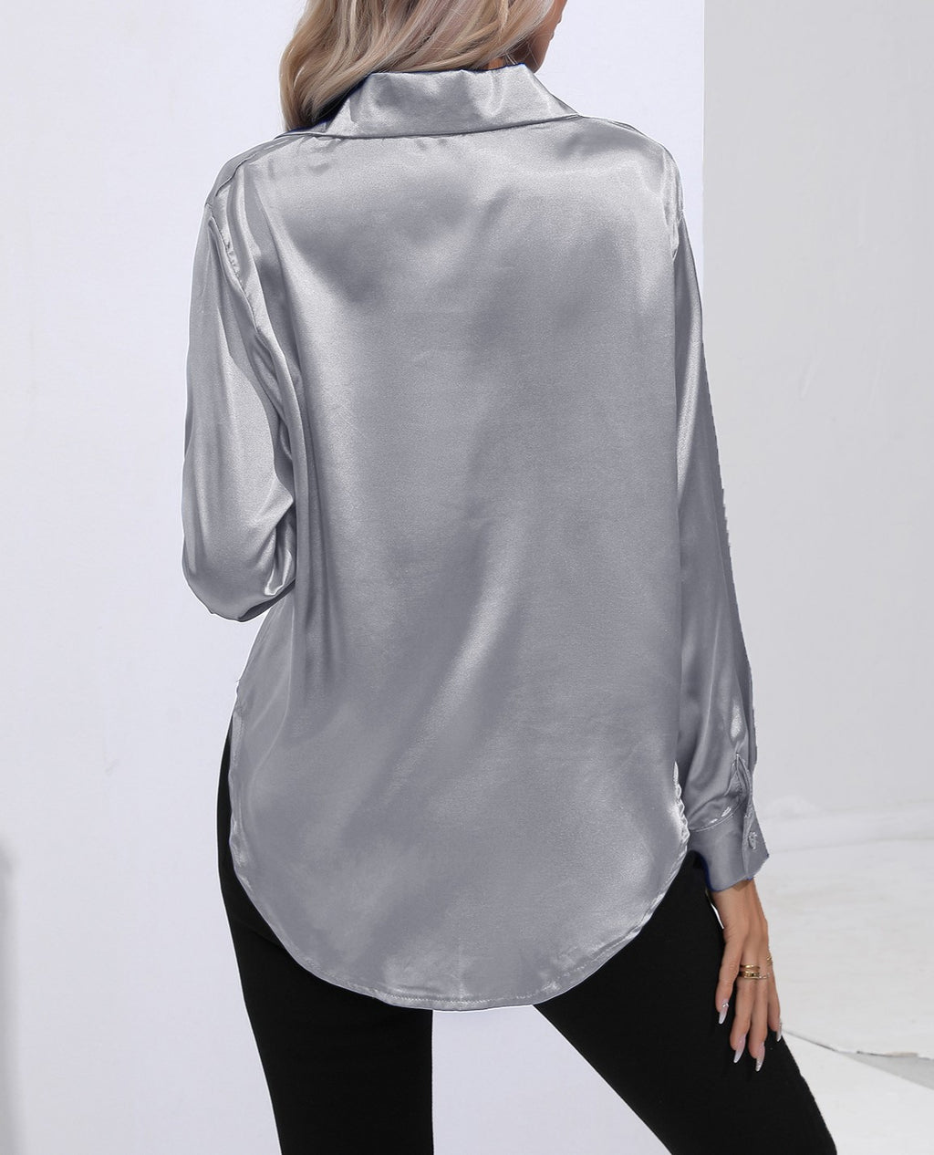 Glossy Satin Curved Hem Button Down Shirt - Grey - 1