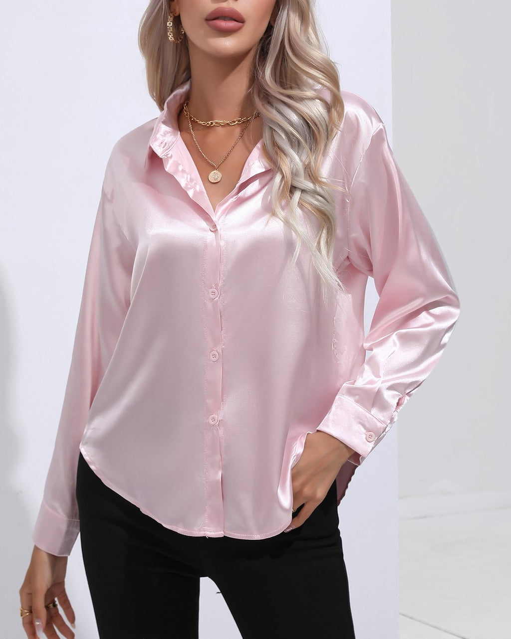 Glossy Satin Curved Hem Button Down Shirt - Pink