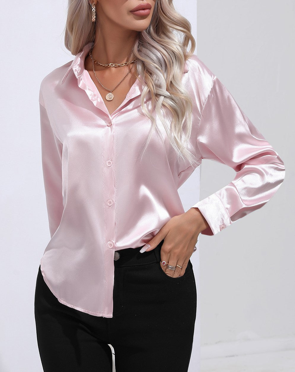 Glossy Satin Curved Hem Button Down Shirt - Pink - 1