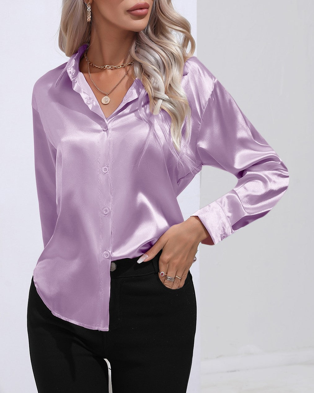 Glossy Satin Curved Hem Button Down Shirt - Purple