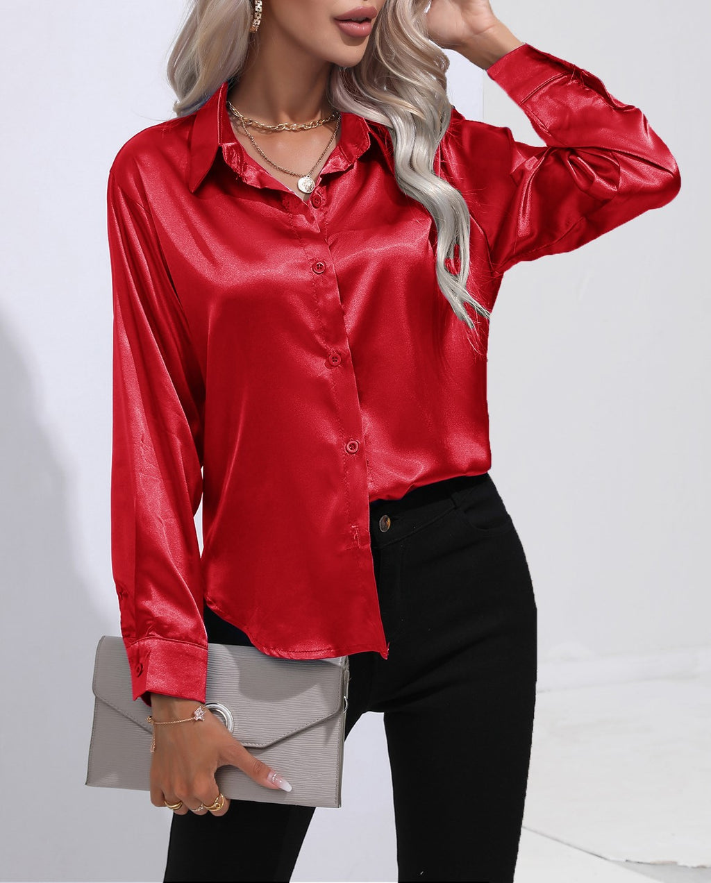 Glossy Satin Curved Hem Button Down Shirt - Red - 1