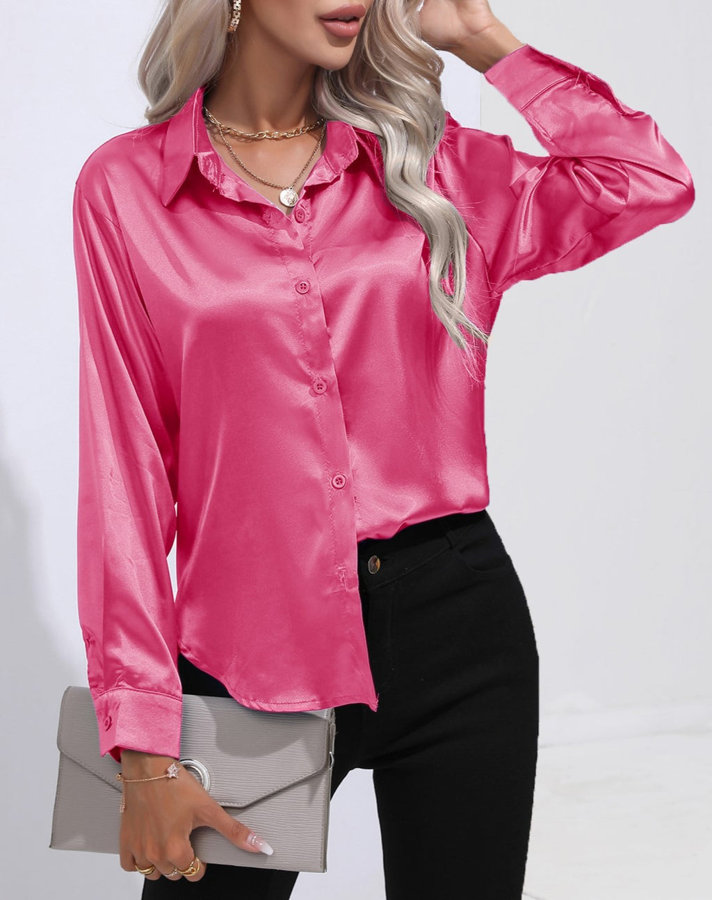 Glossy Satin Curved Hem Button Down Shirt - Rosered