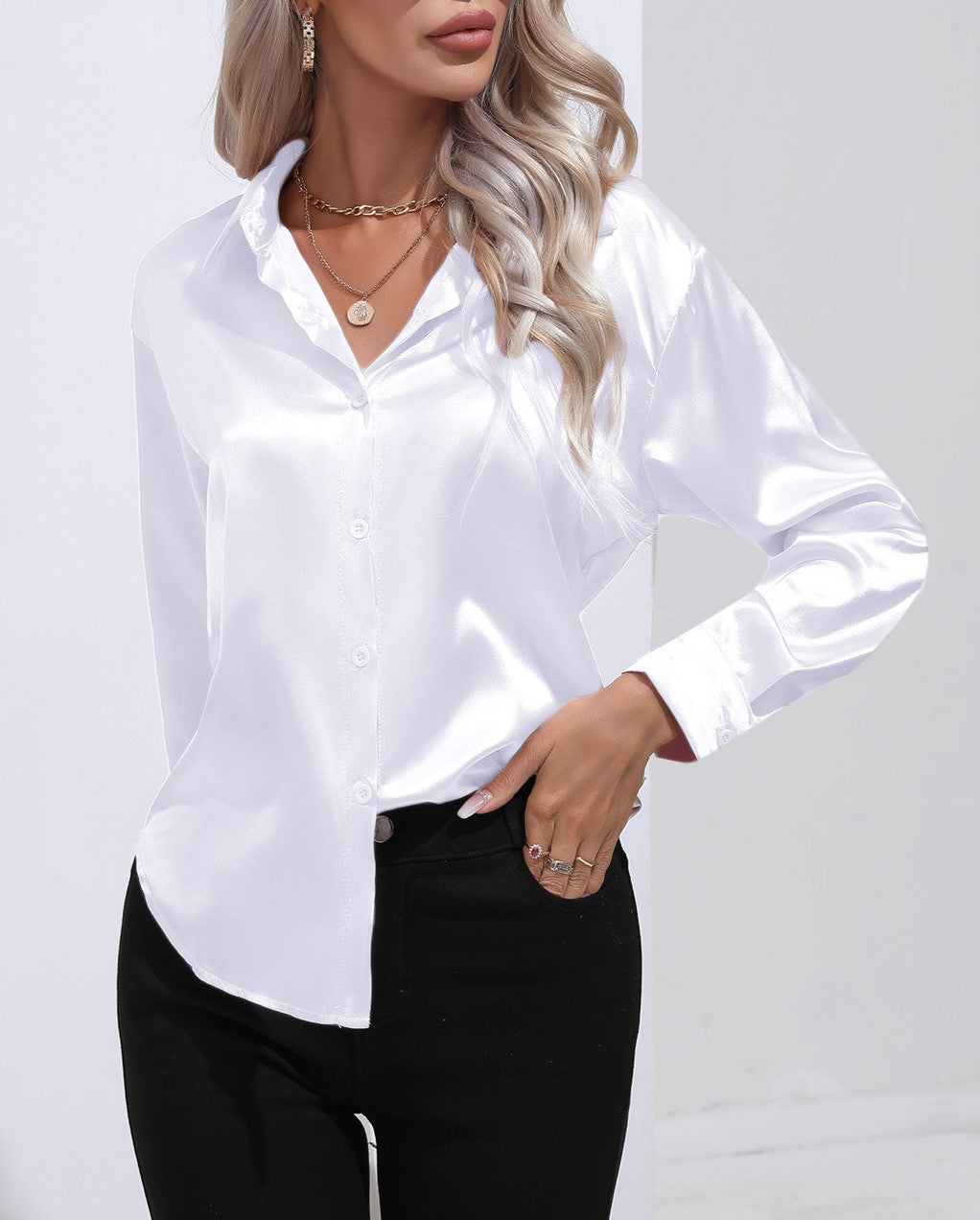 Glossy Satin Curved Hem Button Down Shirt - White
