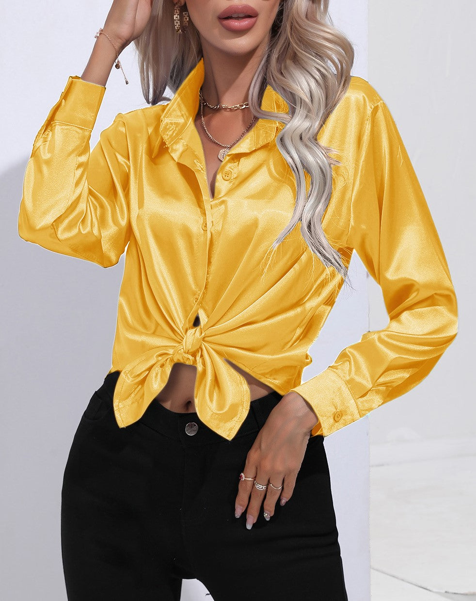 Glossy Satin Curved Hem Button Down Shirt - Yellow