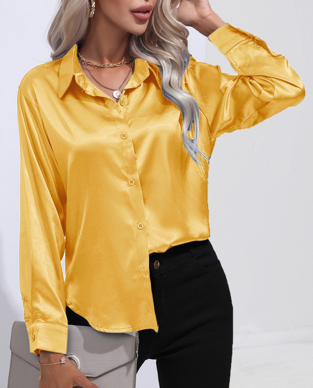 Glossy Satin Curved Hem Button Down Shirt - Yellow - 1