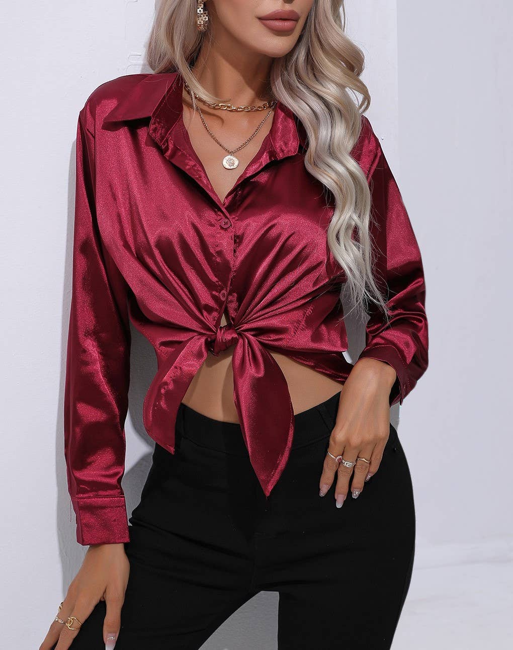 Glossy Satin Curved Hem Button Down Shirt