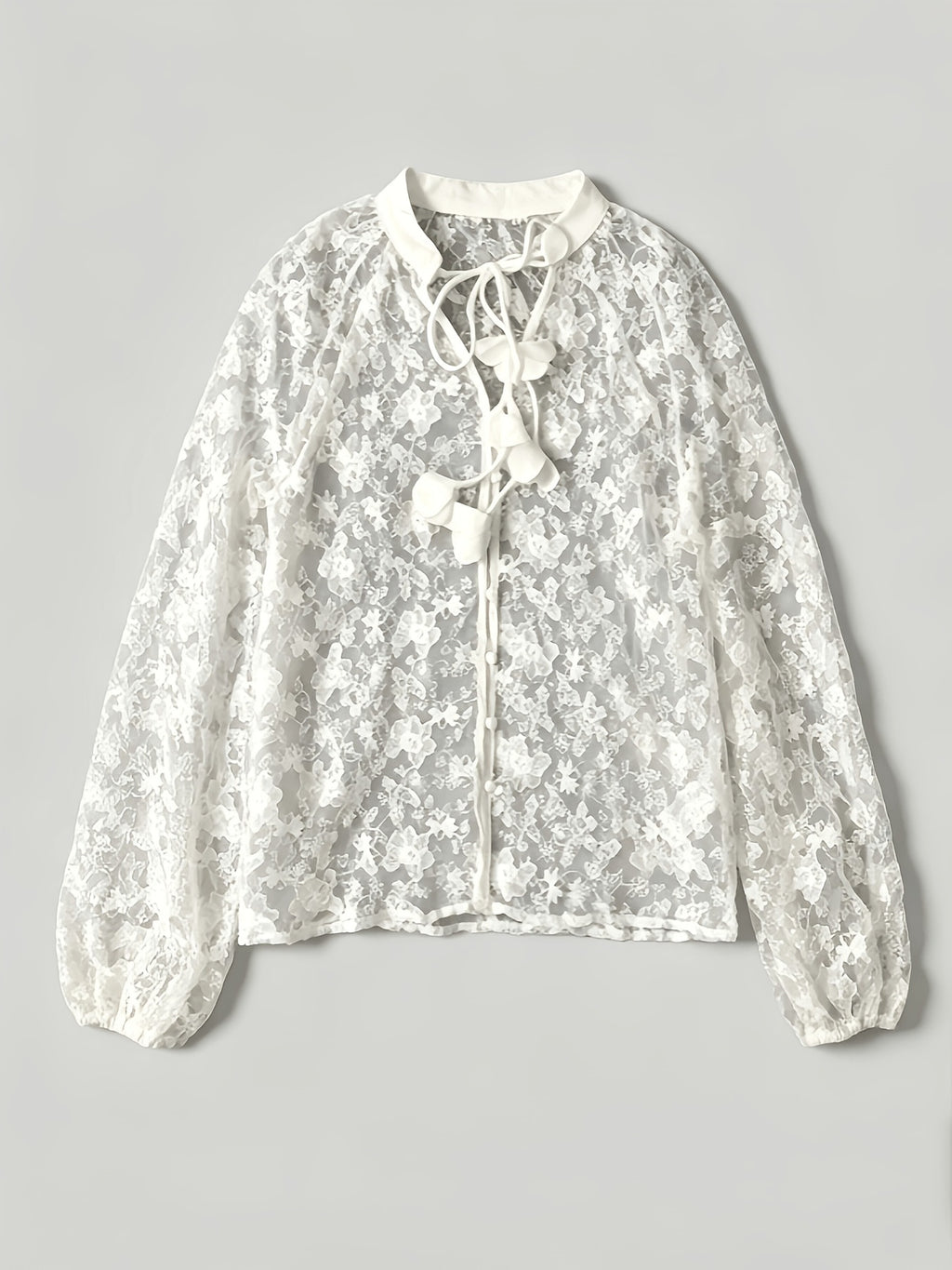 Sheer Floral Lace Blouse With Balloon Sleeves - White - 1