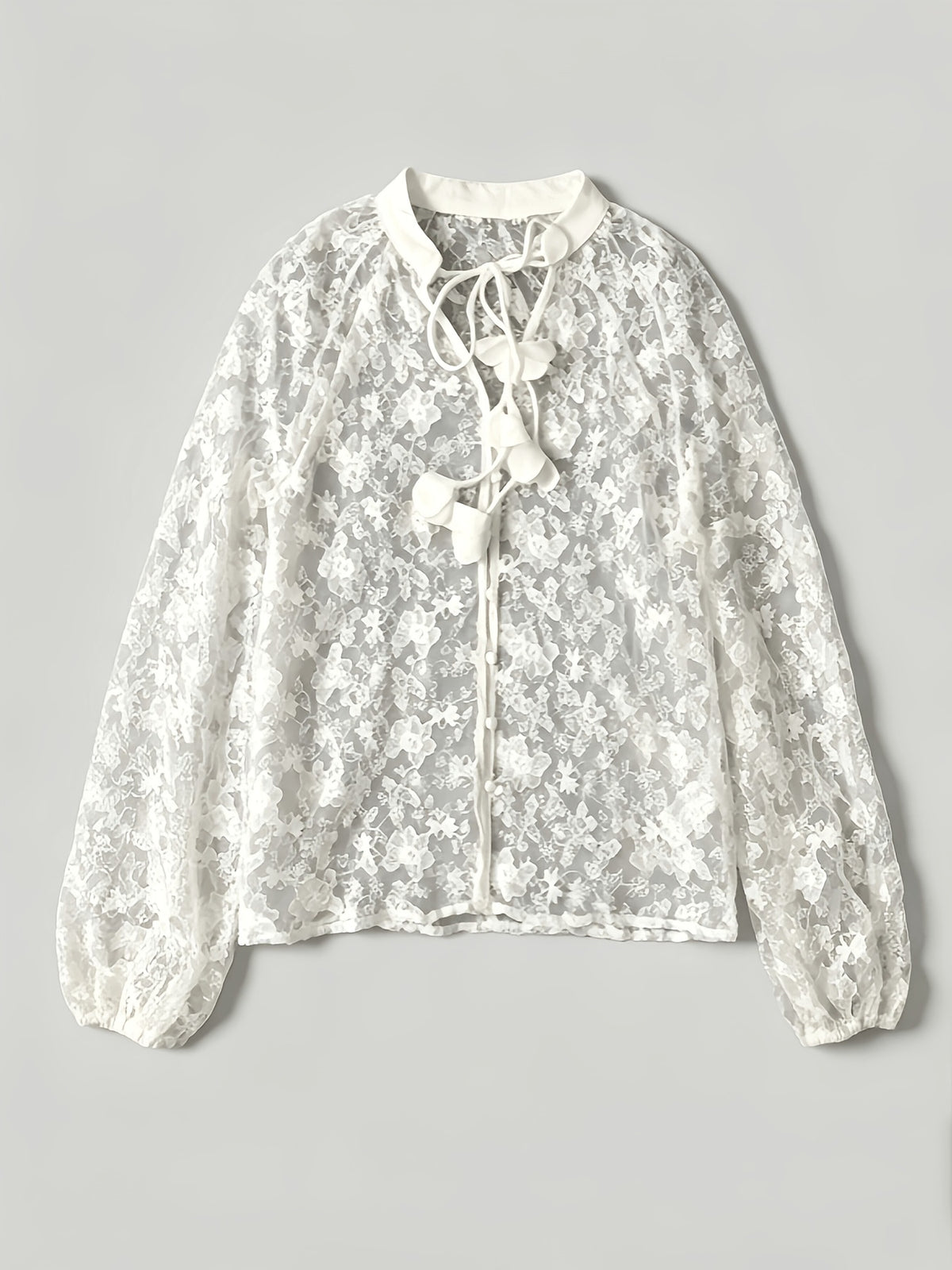 Sheer Floral Lace Blouse With Balloon Sleeves - White - 1