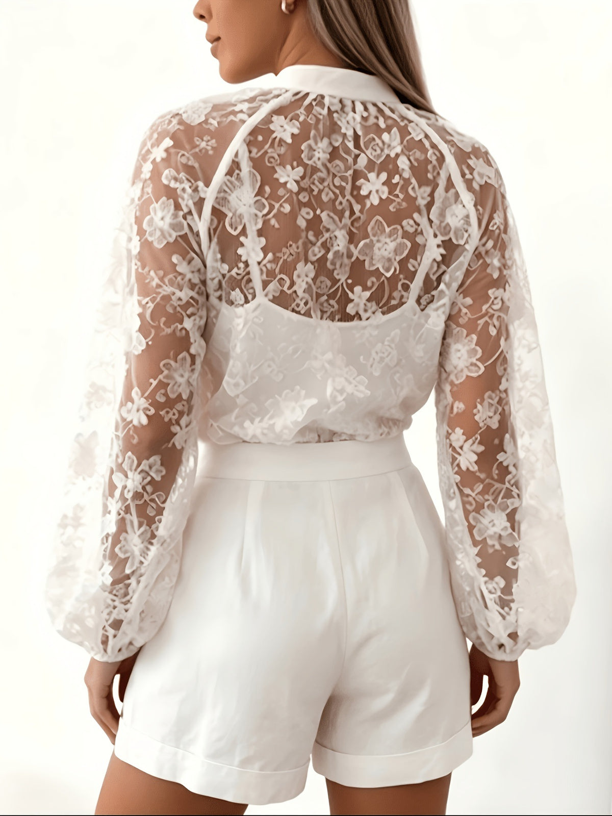 Sheer Floral Lace Blouse With Balloon Sleeves - White - 3
