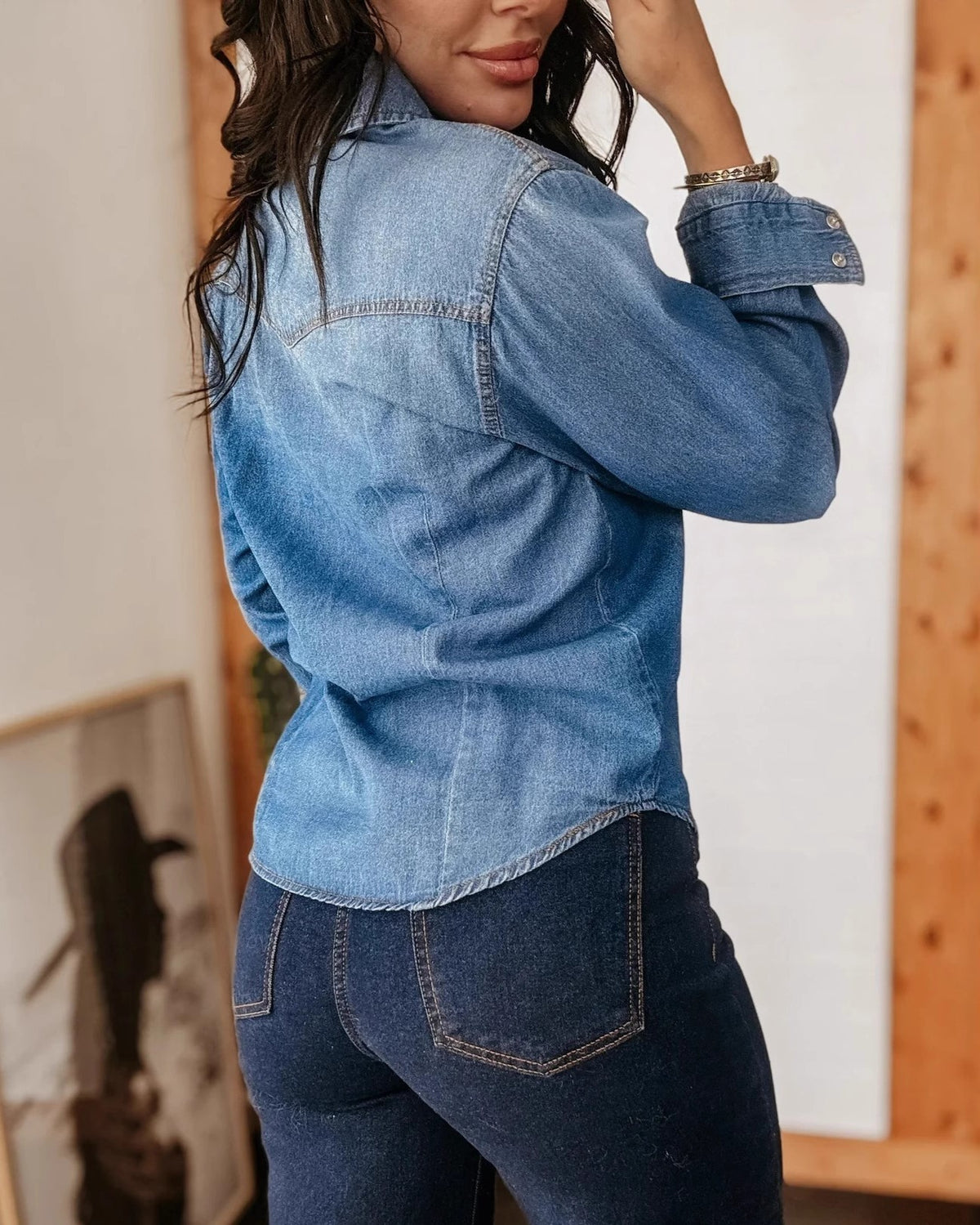 Western Snap Front Washed Denim Shirt - Blue - 1