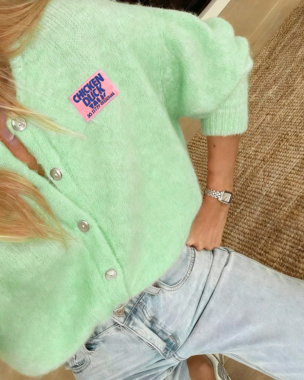 Fuzzy Brushed Knit Button Front Cardigan - Green - 1
