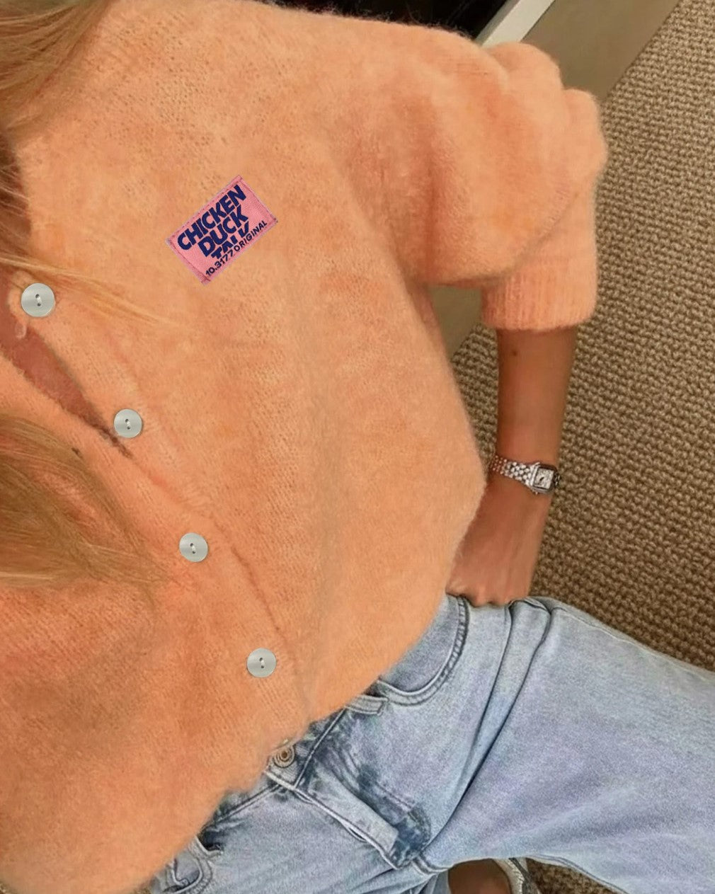 Fuzzy Brushed Knit Button Front Cardigan - Orange
