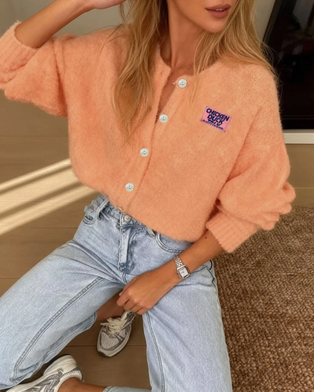 Fuzzy Brushed Knit Button Front Cardigan - Orange - 1