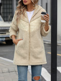 Hooded Teddy Fleece Zip Longline Jacket - Beige