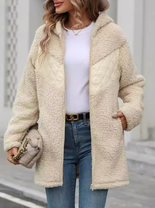 Hooded Teddy Fleece Zip Longline Jacket - Beige - 1