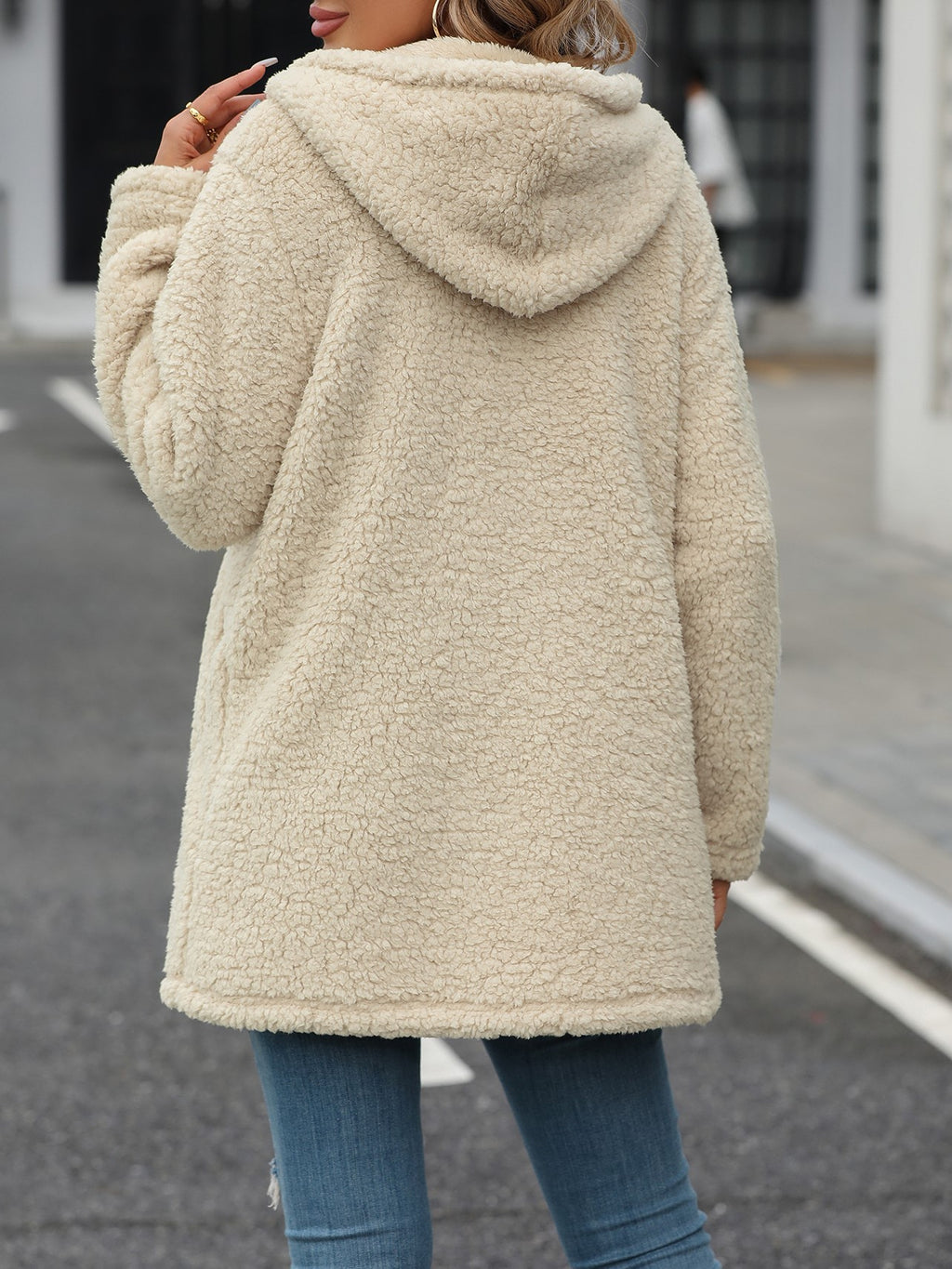 Hooded Teddy Fleece Zip Longline Jacket - Beige - 2