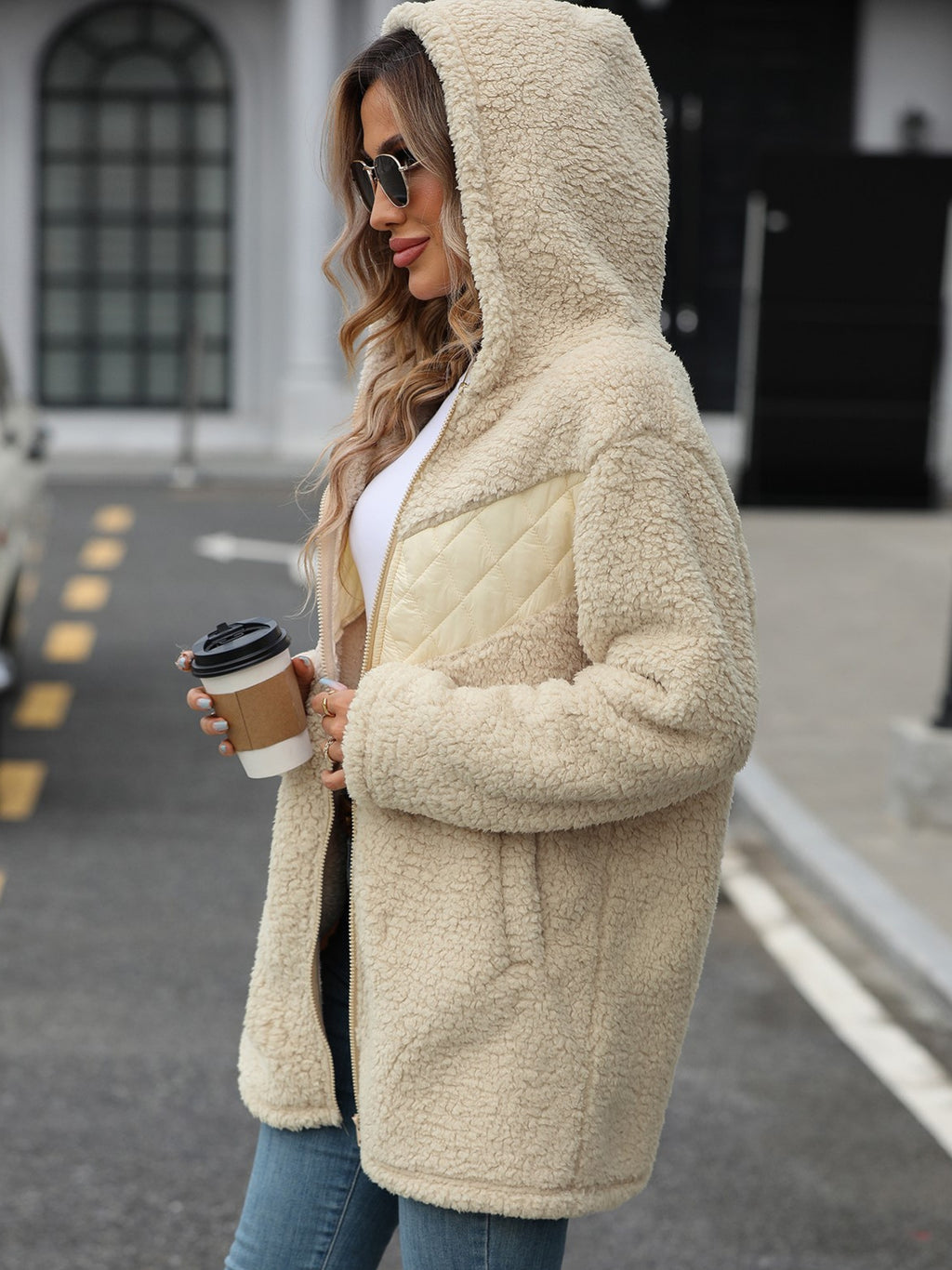 Hooded Teddy Fleece Zip Longline Jacket - Beige - 3