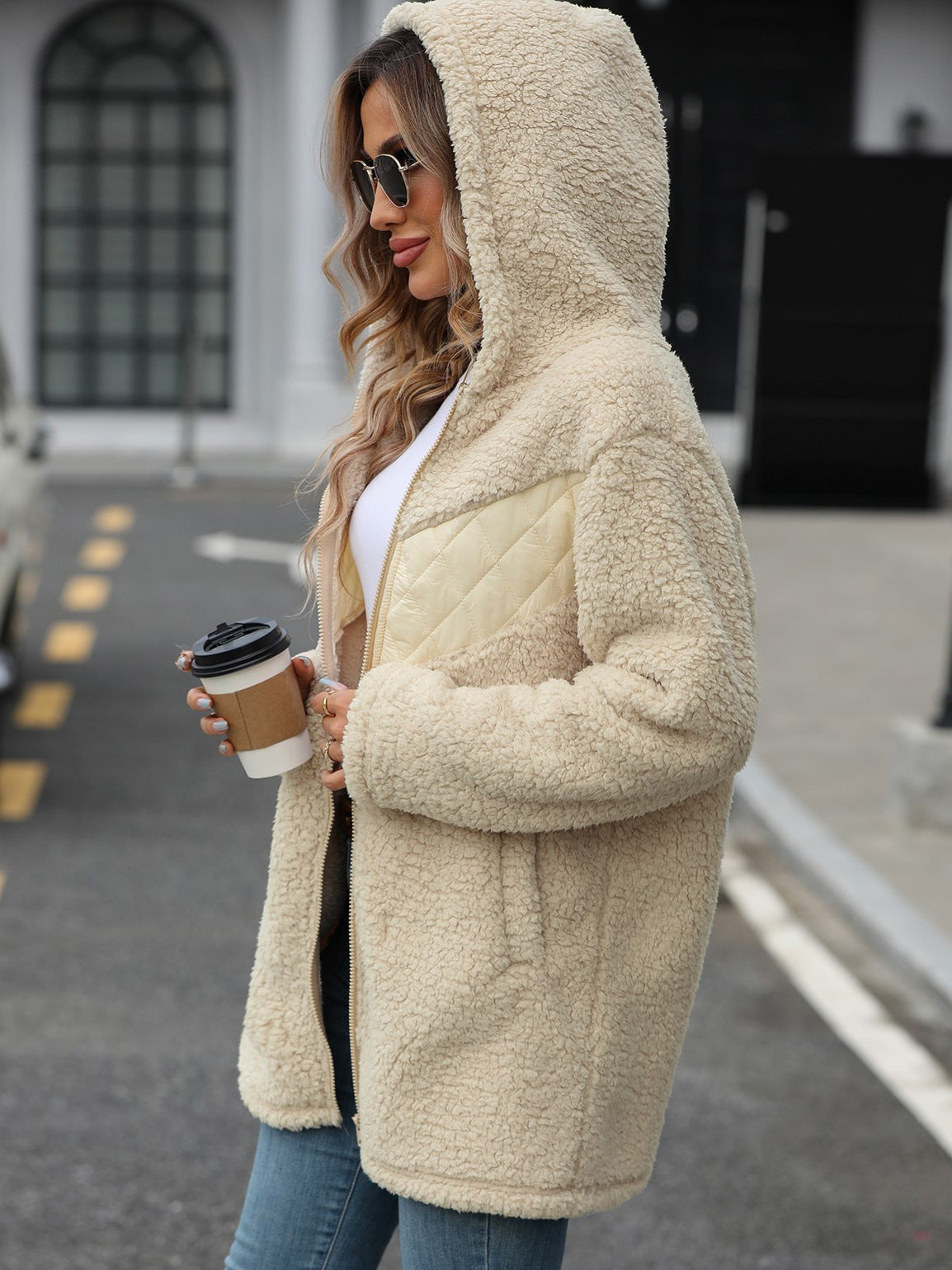 Hooded Teddy Fleece Zip Longline Jacket - Beige - 3