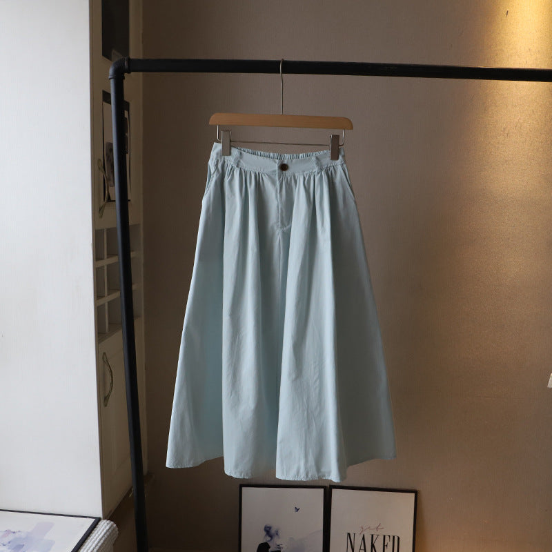 Cotton Blend Elastic Waist Midi Skirt - Mint