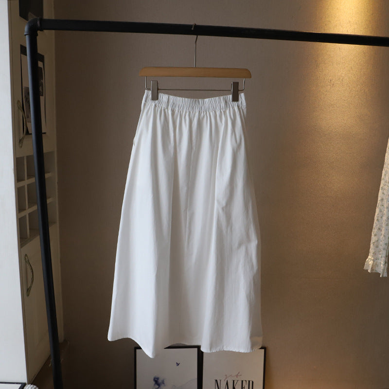 Cotton Blend Elastic Waist Midi Skirt - White - 1