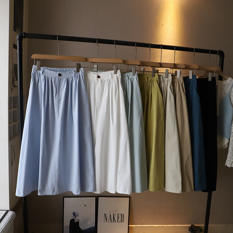 Cotton Blend Elastic Waist Midi Skirt