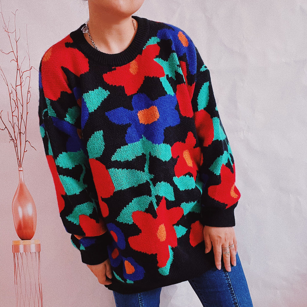 Bold Floral Jacquard Crewneck Sweater - Black - 1