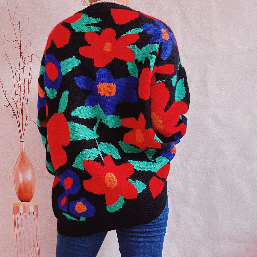 Bold Floral Jacquard Crewneck Sweater - Black - 3