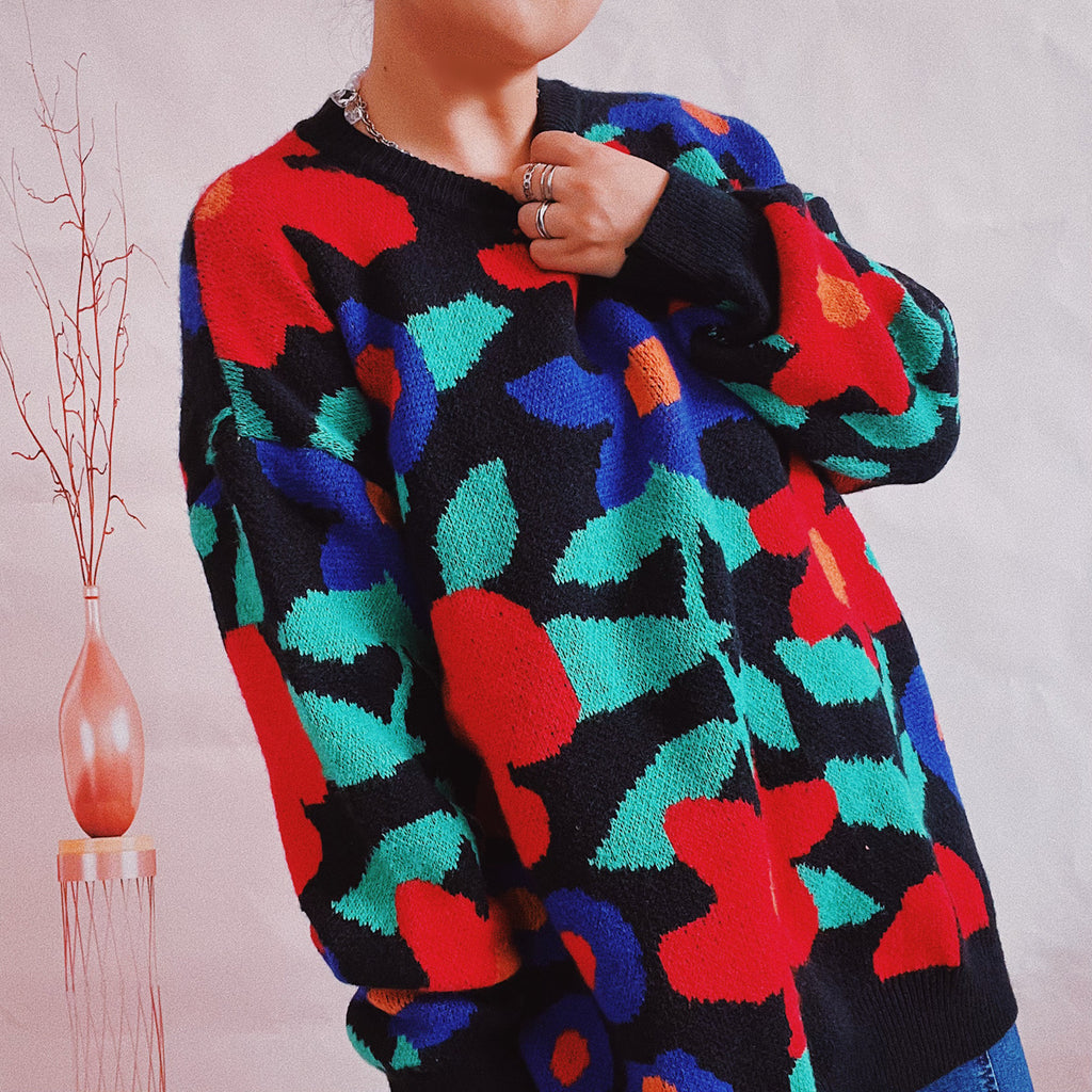 Bold Floral Jacquard Crewneck Sweater - Black - 5