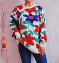 Bold Floral Jacquard Crewneck Sweater - White
