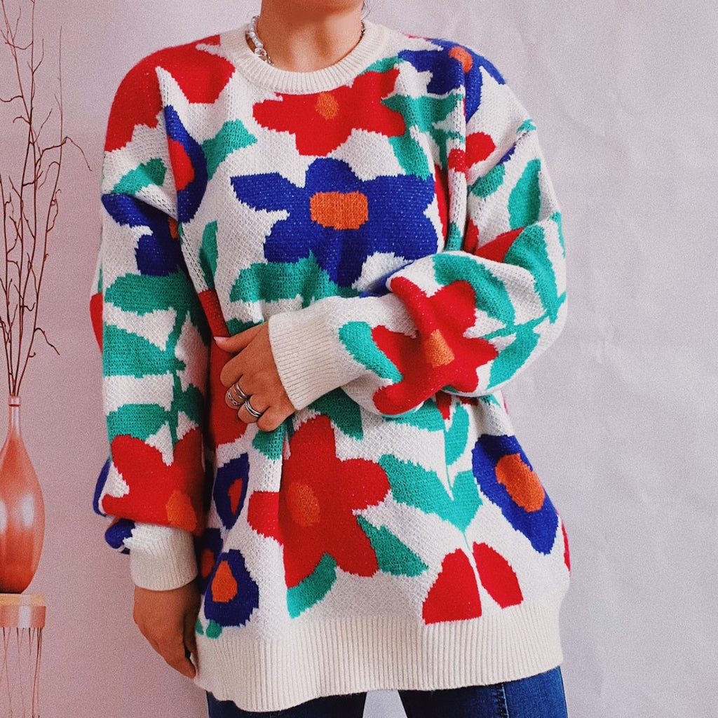 Bold Floral Jacquard Crewneck Sweater - White - 1