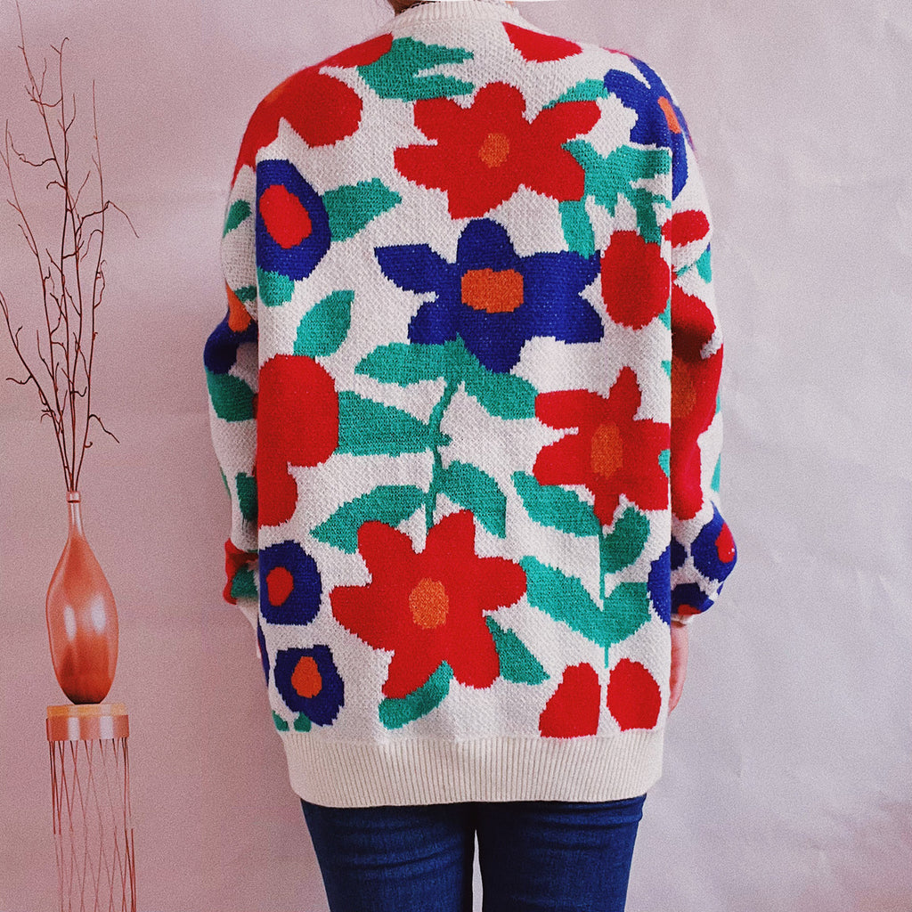 Bold Floral Jacquard Crewneck Sweater - White - 2