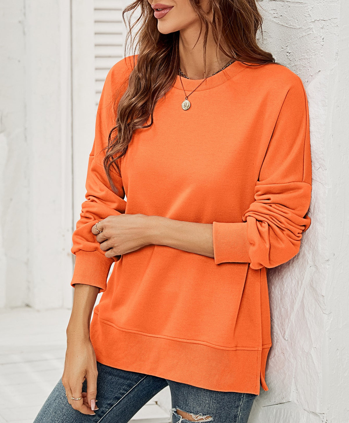 Drop Shoulder Side Split Crewneck Sweatshirt - Orange - 1