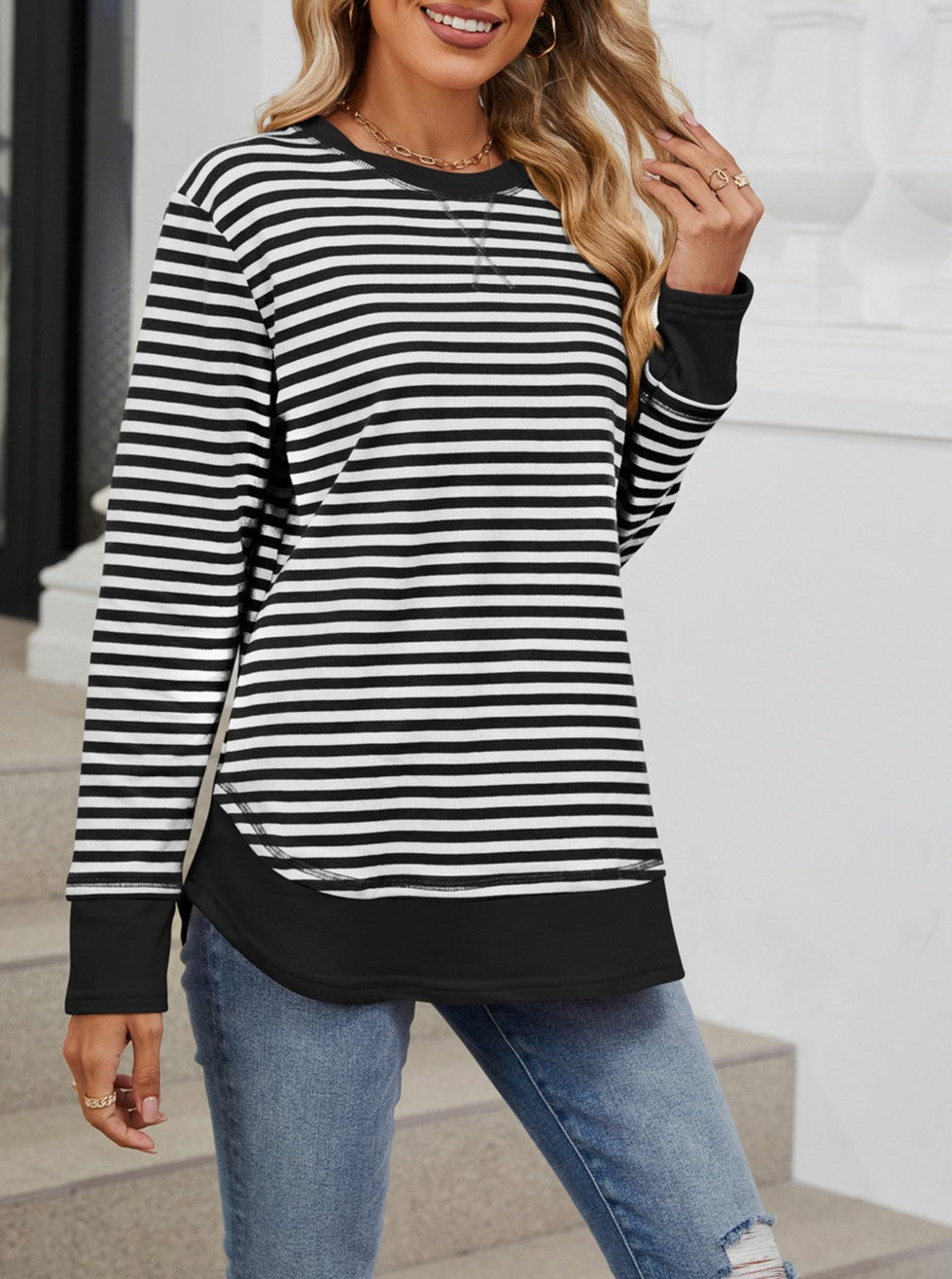 Striped Colorblock Hem Tunic Sweatshirt - Black
