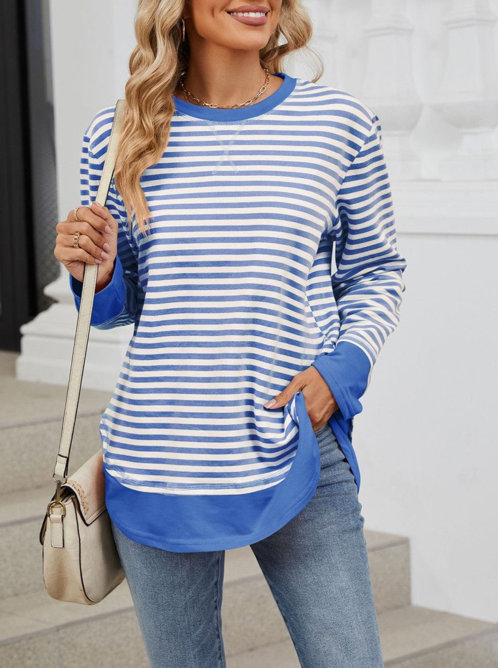 Striped Colorblock Hem Tunic Sweatshirt - Blue