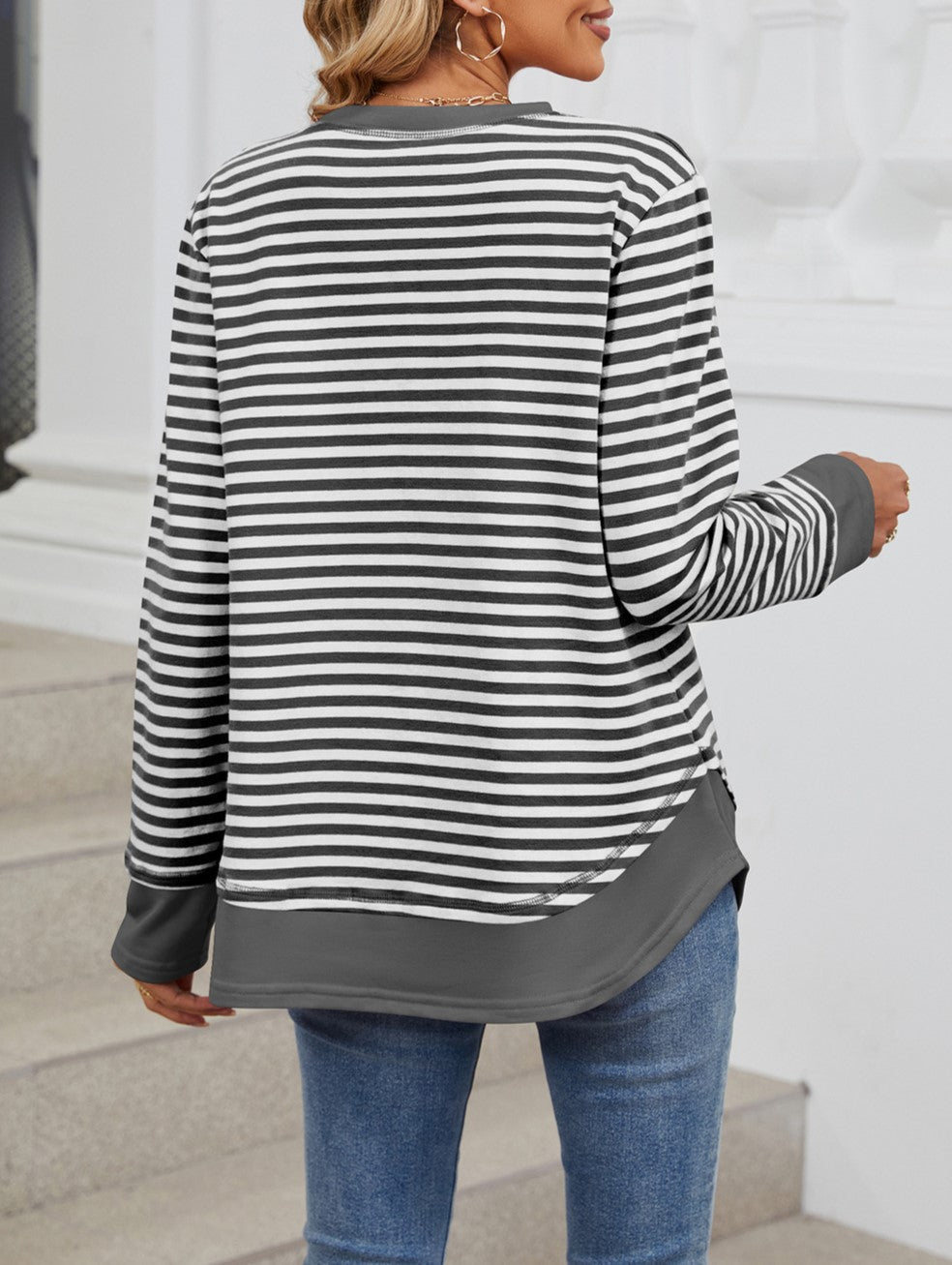 Striped Colorblock Hem Tunic Sweatshirt - Darkgrey - 1
