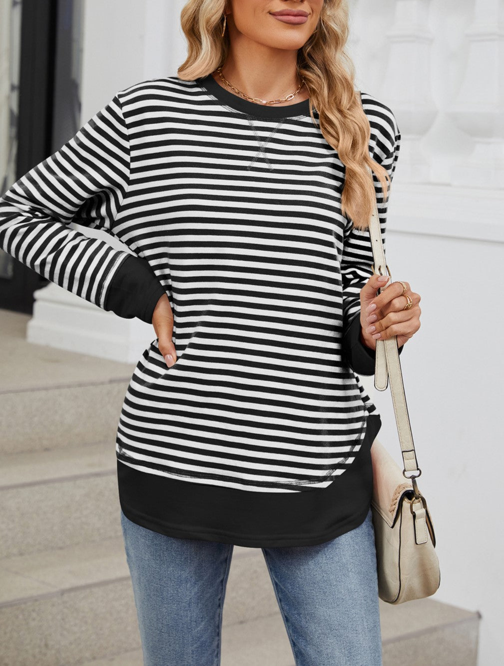 Striped Colorblock Hem Tunic Sweatshirt - view 1