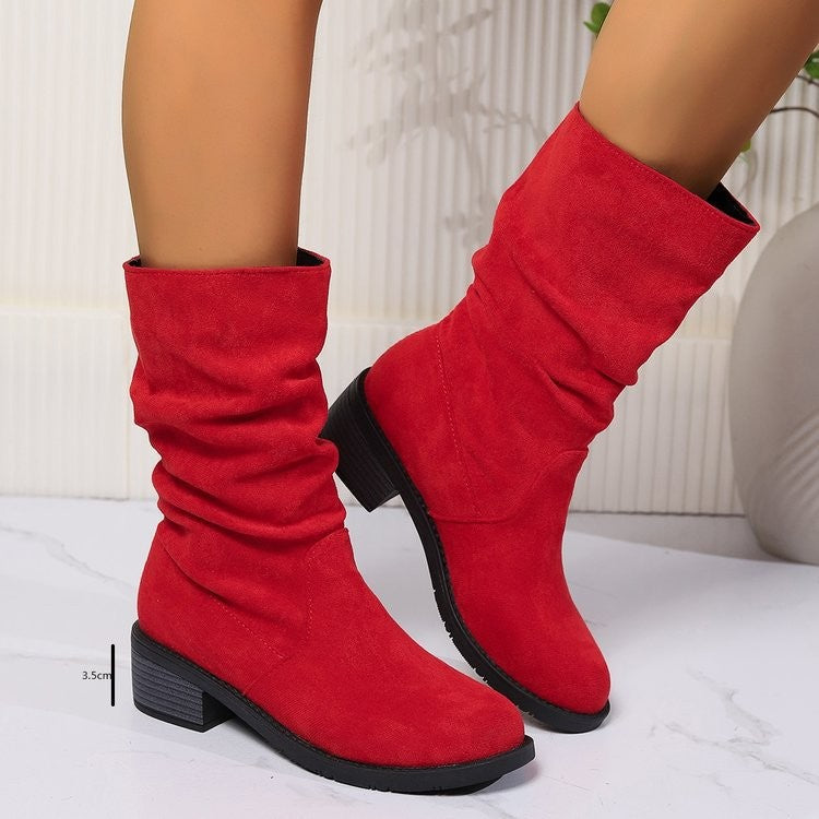 Slouchy Faux Suede Block Heel Mid Calf Boots - Red