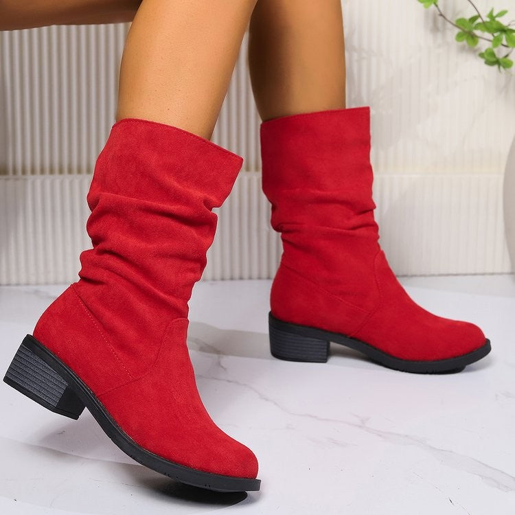 Slouchy Faux Suede Block Heel Mid Calf Boots
