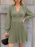 Accordion Pleated Mini Dress With Puff Sleeves - Green