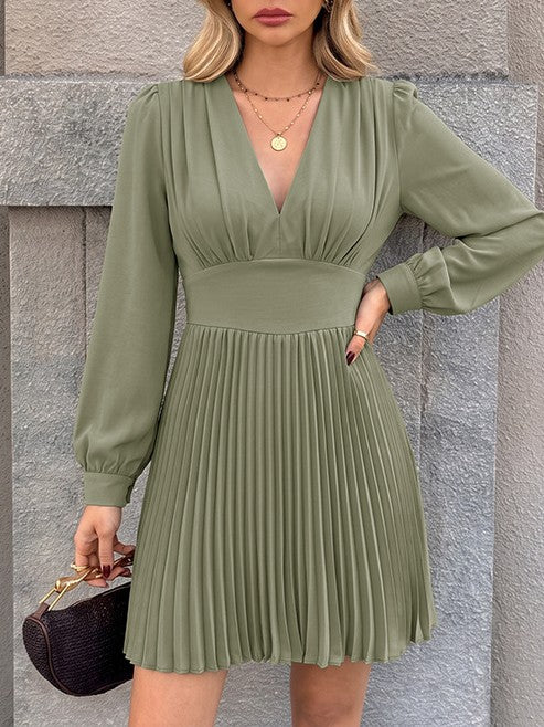 Accordion Pleated Mini Dress With Puff Sleeves - Green