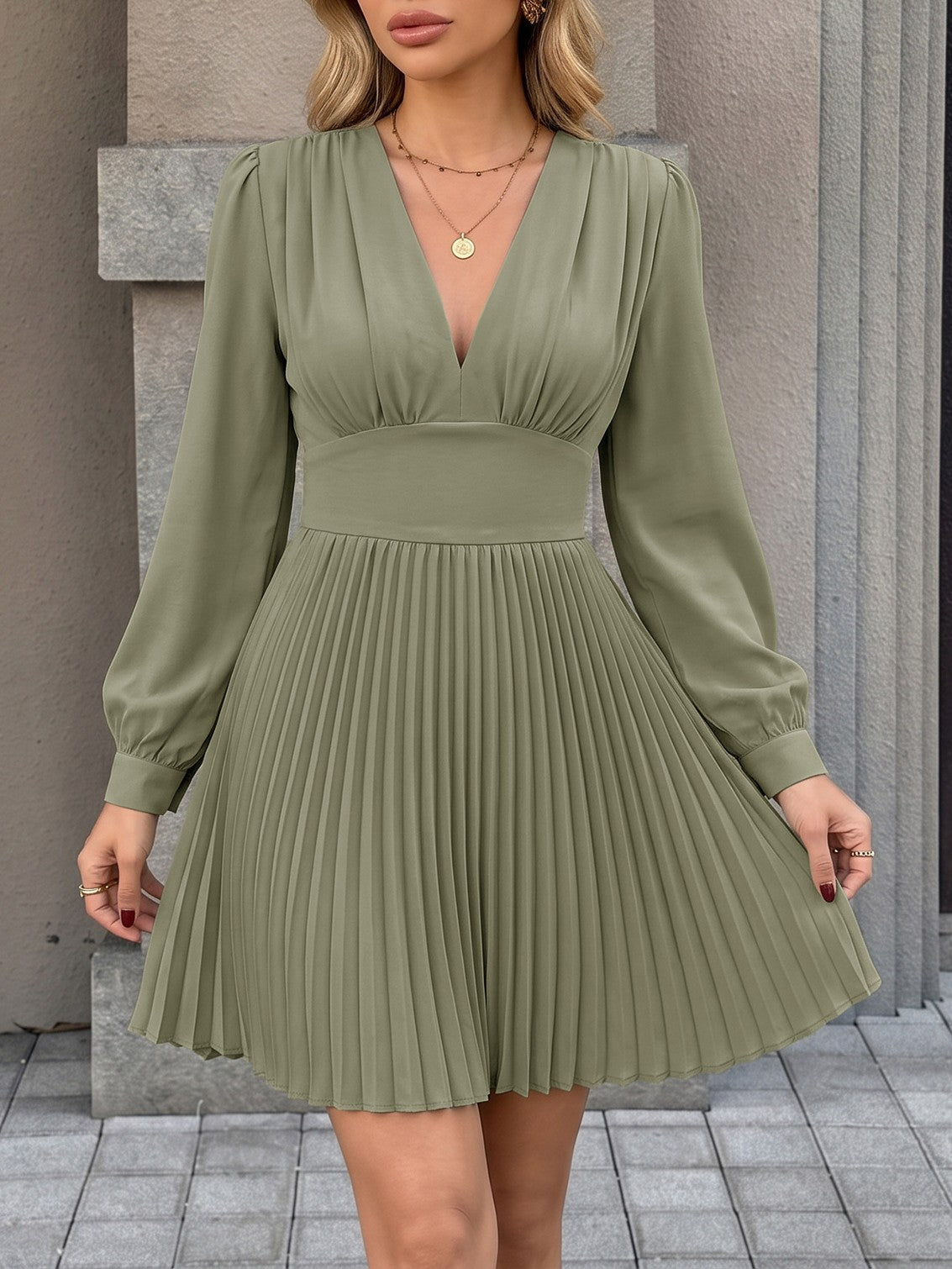 Accordion Pleated Mini Dress With Puff Sleeves - Green - 1