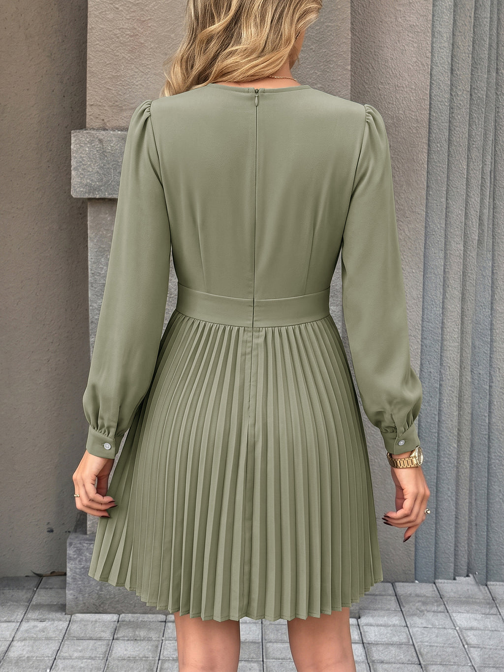 Accordion Pleated Mini Dress With Puff Sleeves - Green - 2